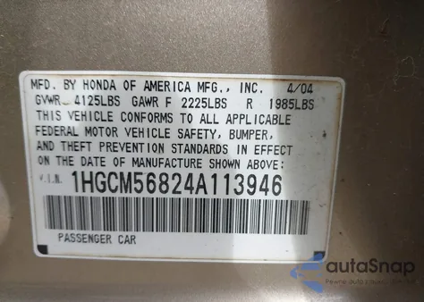 2004 Honda Accord 2.4 Ex from USA, damaged, VIN 1HGCM56824A113946